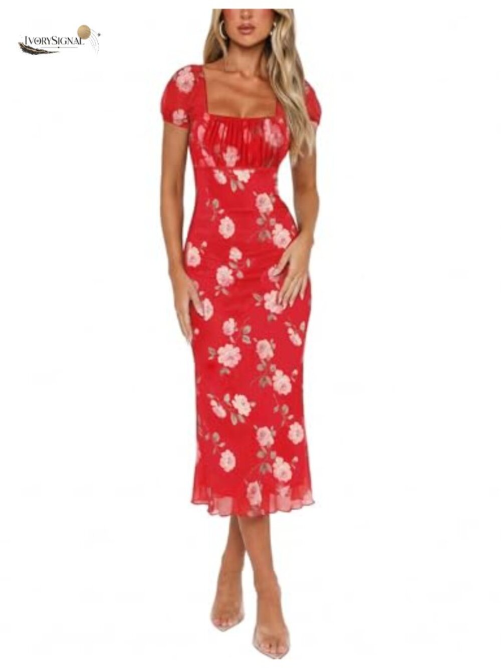 Floral Mesh Midi Dress Ruched Bodycon Square Neck Short Sleeve Summer